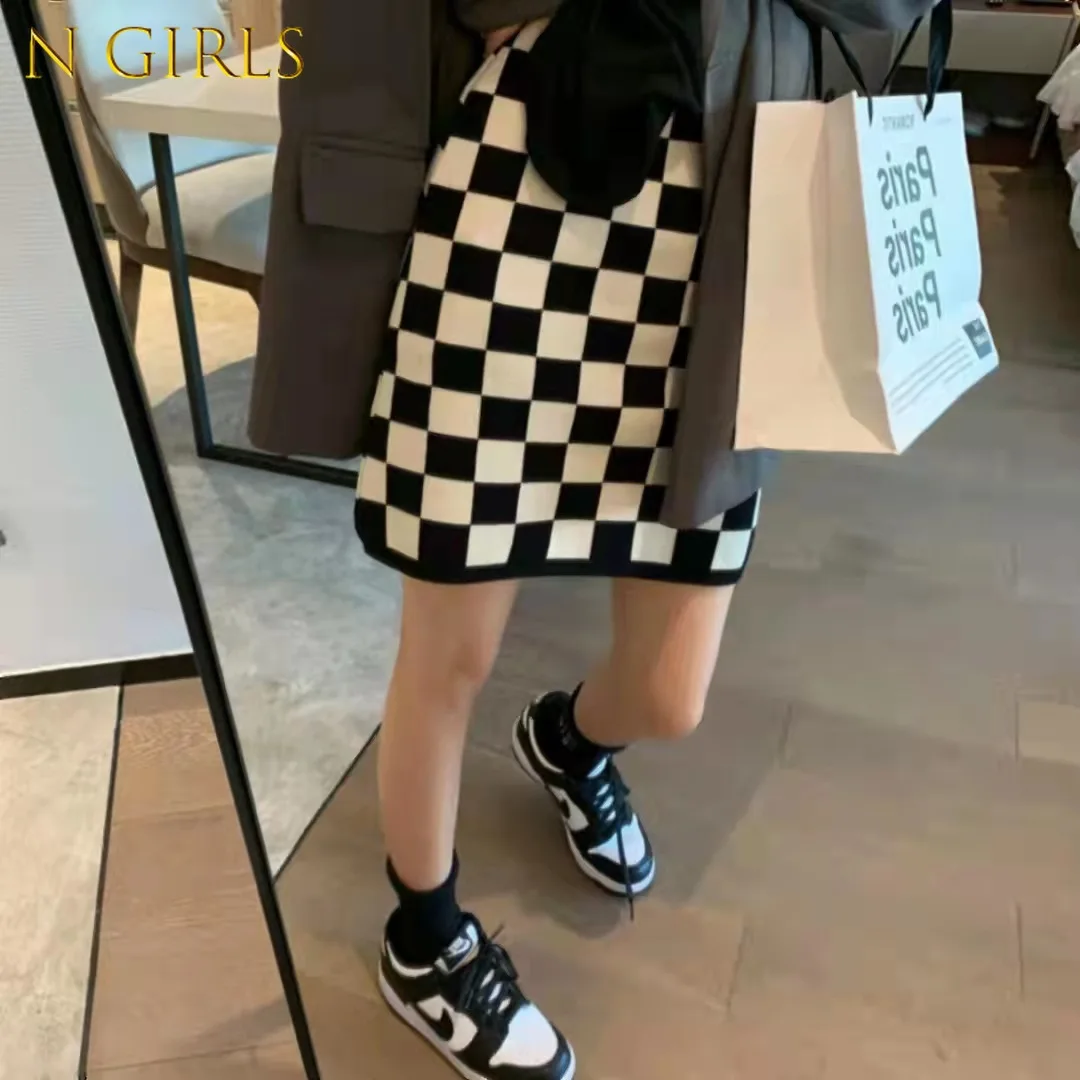 

M GIRLS Vintage Goth Black Brown Plaid Mini Skirt Women Streetwear High Waist Bodycon Split Skirts Korean Harajuku Summer Pencil
