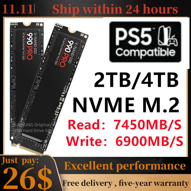 

New SAM 990PRO M2 SSD 2TB 4TB 7450MB/s, M.2 NVMe PCIe 4.0x4 SSD Disk SLC Cache Internal Solid State Drive For PS5 Laptop Desk