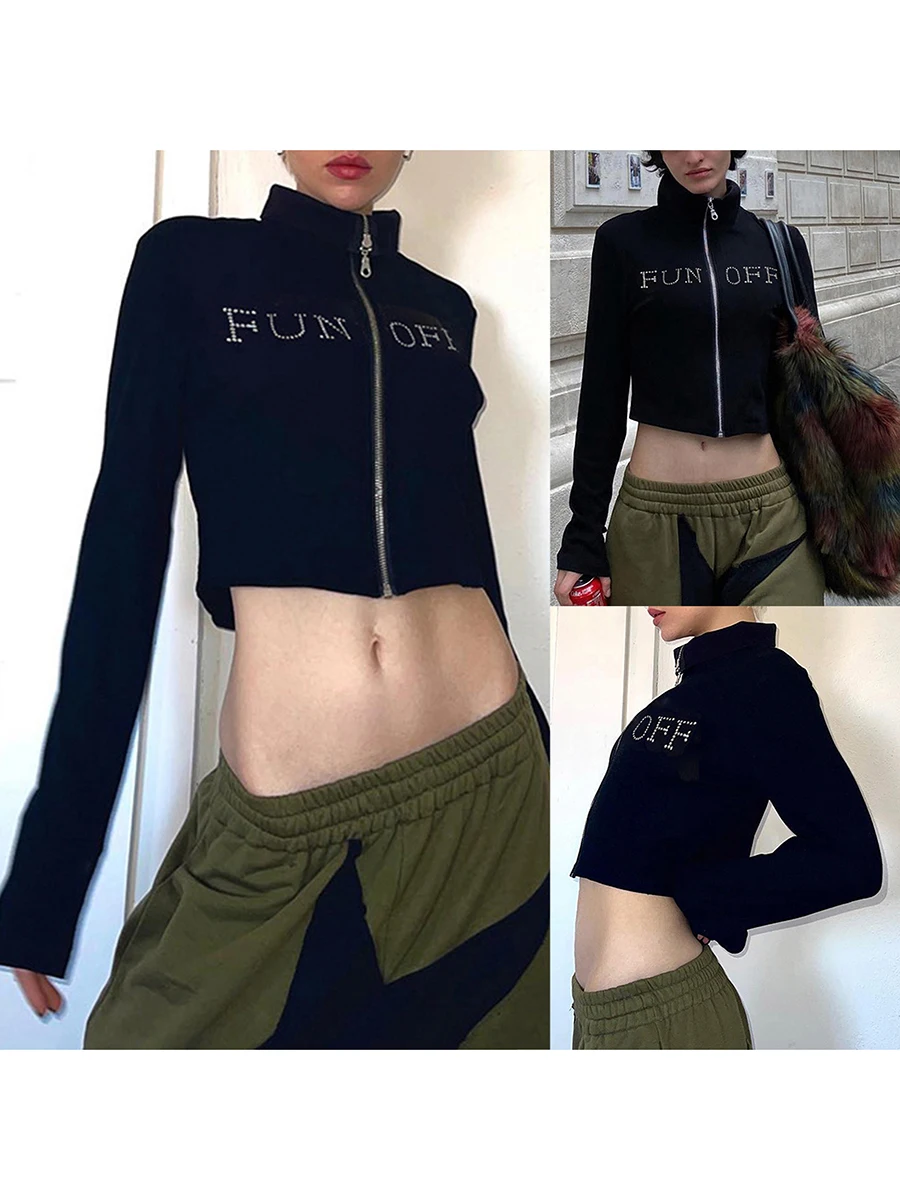 

Women Spring Short Jacket, Long Sleeve Rhinestone Letter High Collar Zip-Up Cropped Coat, Ladies Fall/Winter Navel Outerwear