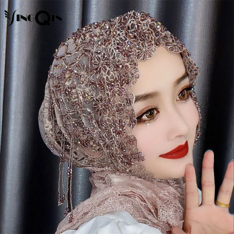 Muslim Women Headscarf Freeshipping Sequin Chiffon Lace Summer Malaysia Shawl Scarf Hijab Hat Cap Islam Saudi Arabia Headwrap
