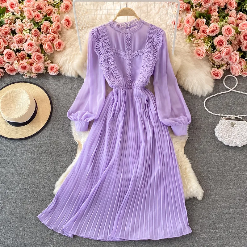 

Autumn lace stitching dress high waist temperament GRAY22