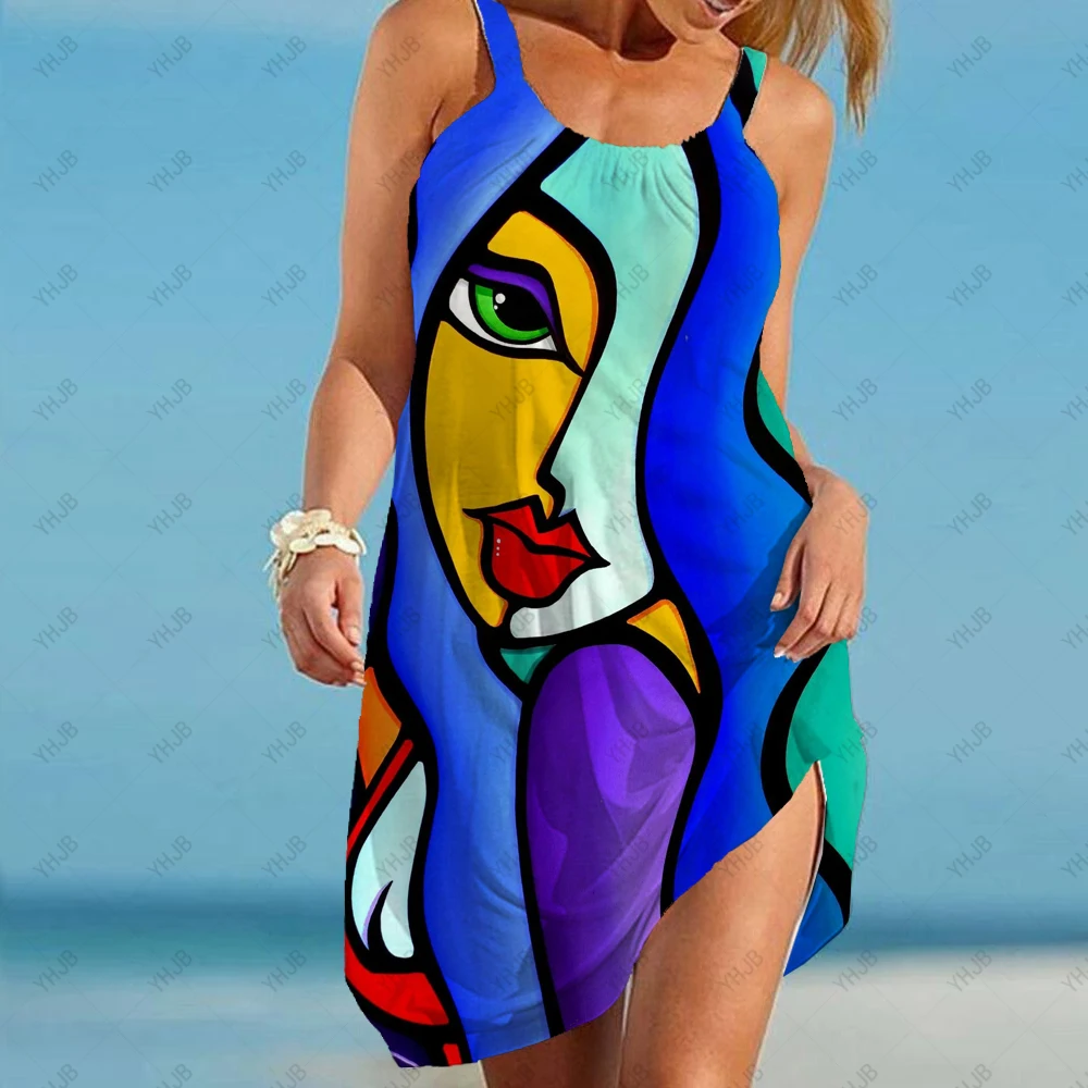 

Women Human Face Printed Vintage Loose Maxi Dress Casual sling Sleeveless A Line Loose Summer Boho Beach Party Dress 5XL