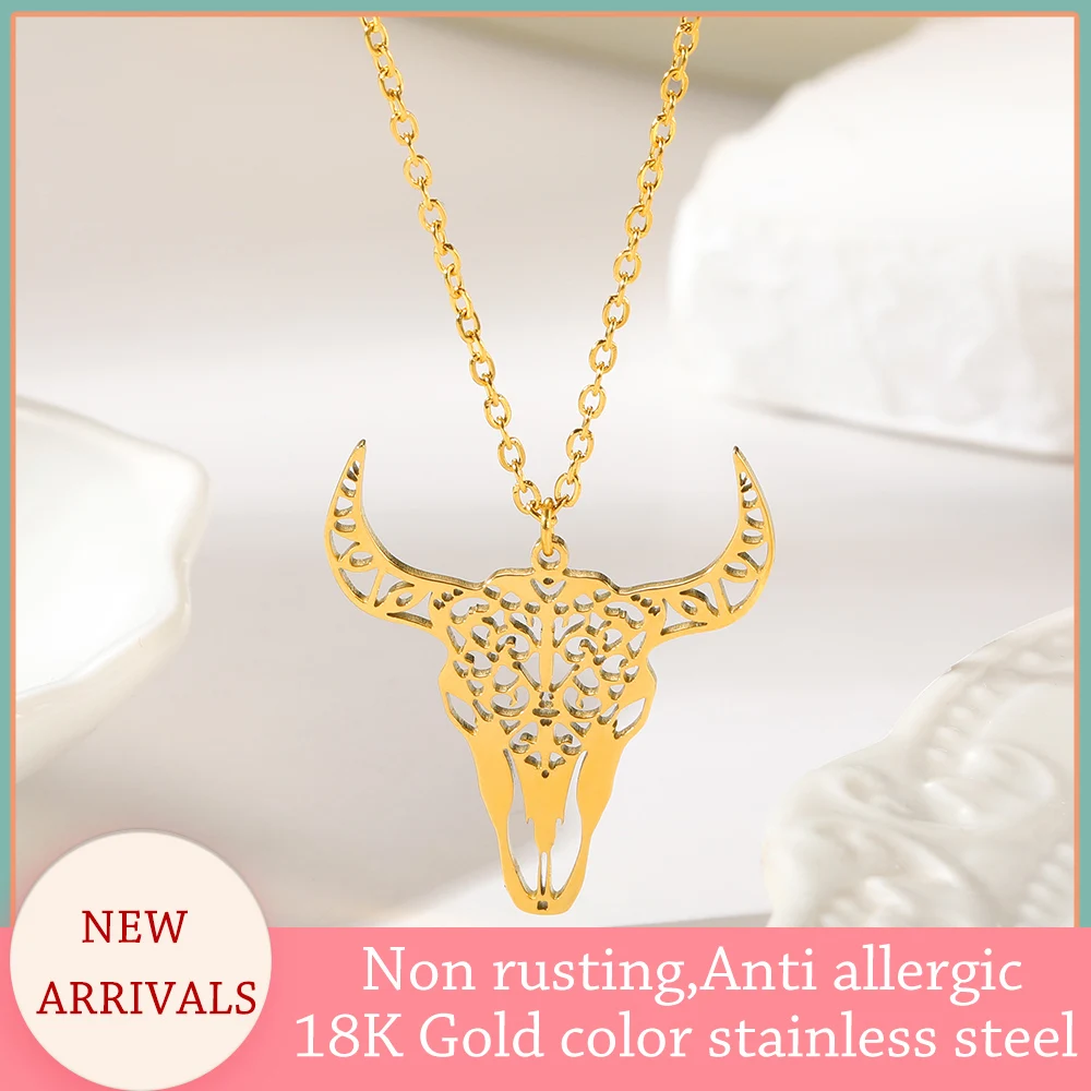 

Bull Skull Necklace Longhorn Cow Skull Necklace For Women Stainless Steel Chain Geometric Ox Zodiac Necklace Cowgirl Jewelry