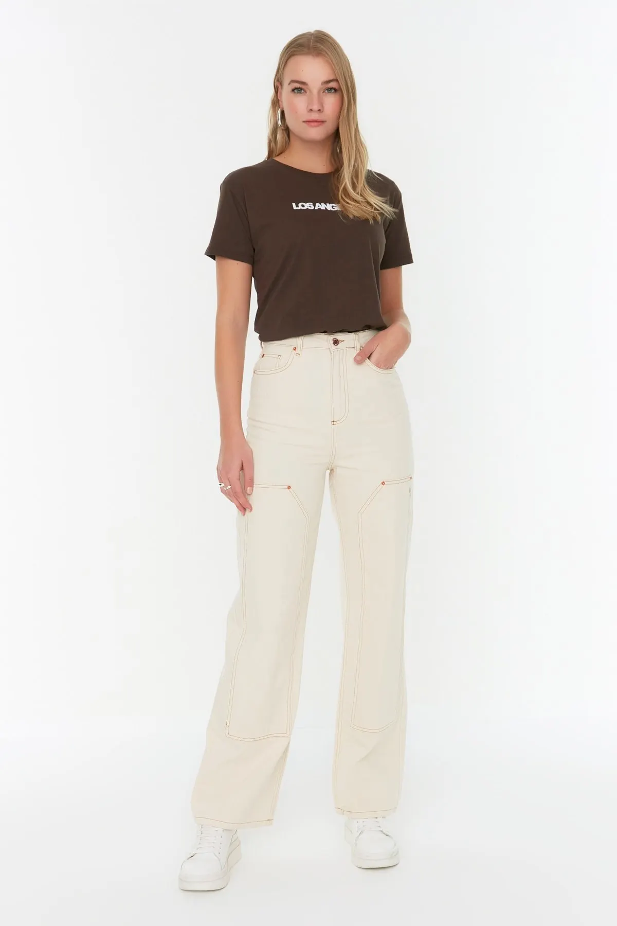 

Women's Jean Ecru Detailed High Waist & S Wide Leg Straight Pant Jeans Buttons Zipper Ladies