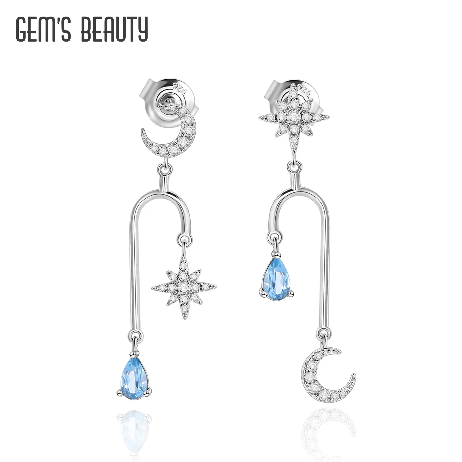 

GEM'S BEAUTY Moon Star Starry Night Earrings Natural Swiss Blue Topaz Gemstone Earrings in 925 Sterling Silver Gift For Her