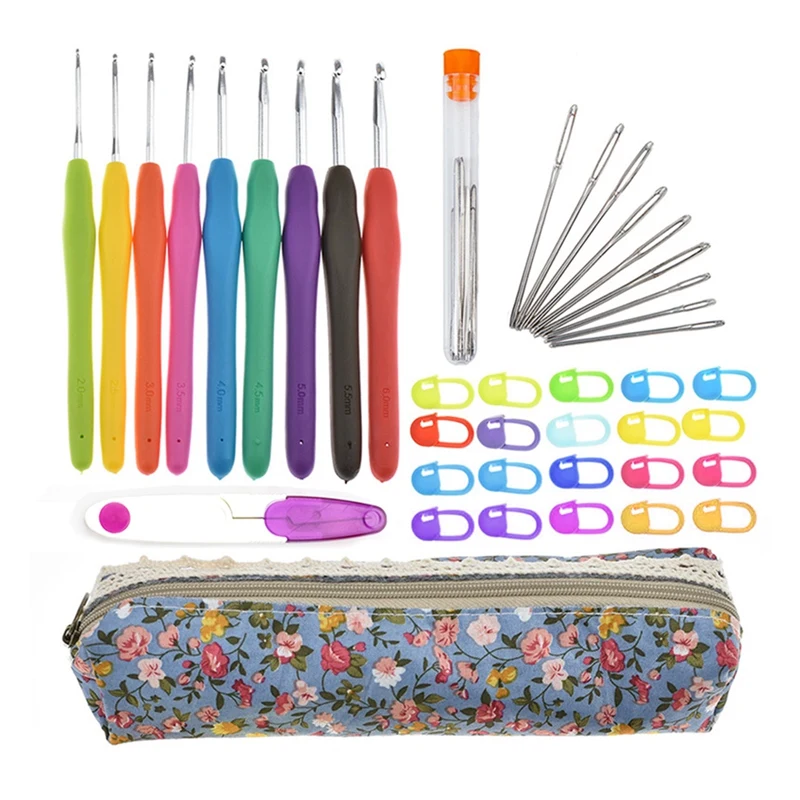 

Ergonomic Rubber Crochet Hook Soft-Contact Handle Smooth Contact Comfortable Grip Knitting Weaving Yarn Needle Set