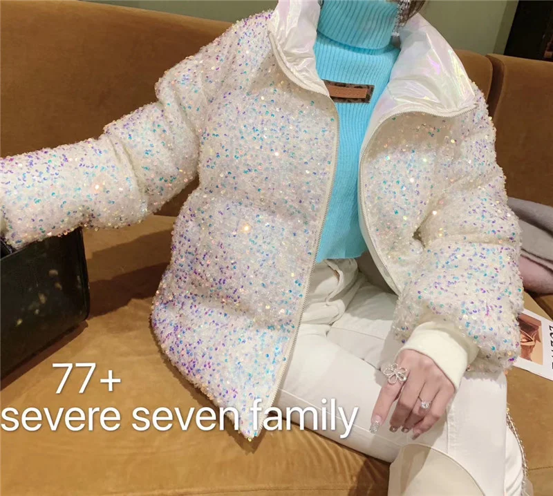 

Casual jacket,2023 new,Winter European Loose Warm Thickening Sequin Cotton Jacket Woman Fashion Women Stand Up Collar Short Brea