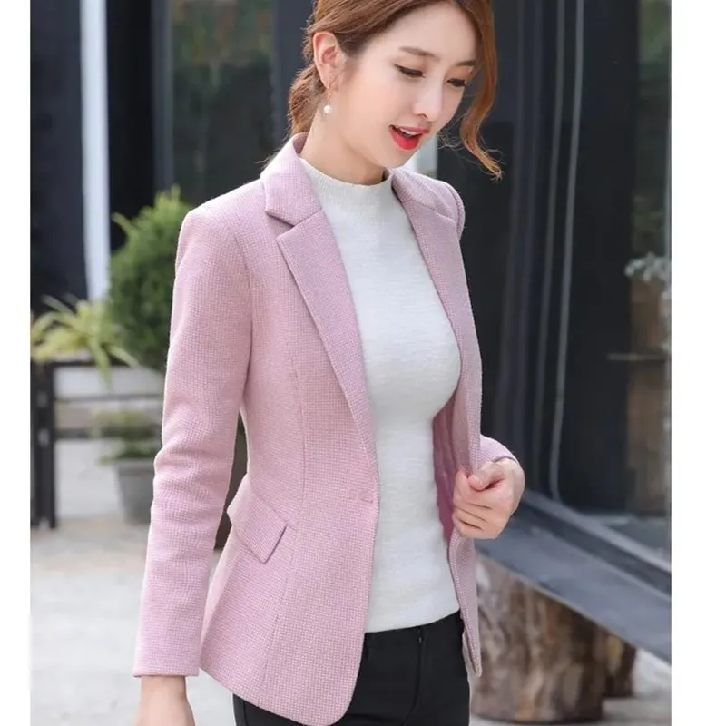Woolen Plaid Blazer Jacket Women 2022 Spring Autumn Slim Long-sleeve Coat Plus size 6XL Single button Elegant Ladies Blazers images - 6