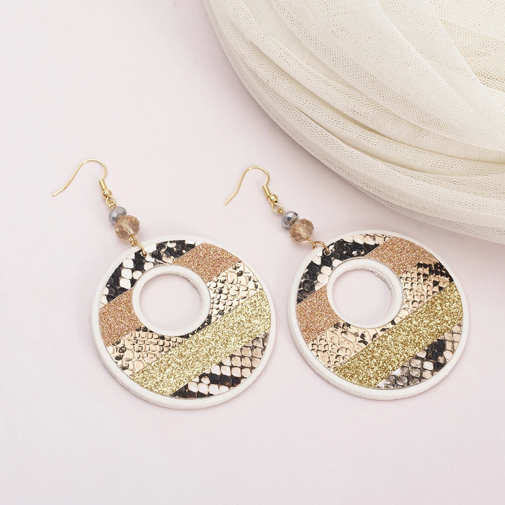 

Korean Fashion Vintage PU Leather Snakeskin Pattern Round Mixed Color Glass Accessories Hollow Hoop Earrings For Women