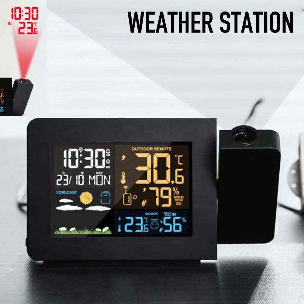 Projection Weather Station Wireless Indoor Outdoor Sensor Thermometer Hygrometer Alarm Clock Remote Sensor Home Weather Monitor