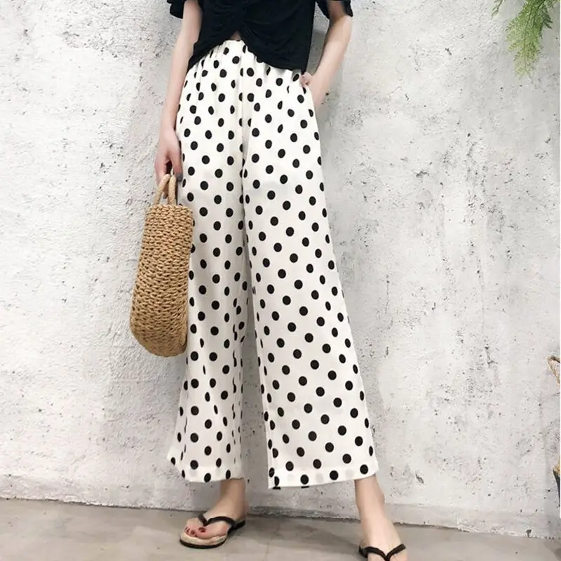 

Women 2022 Spring Summer Polka Dot Printing Pants New Female Fashion High Waist Casual Wide-leg Pants Lady Elegant Trousers E79