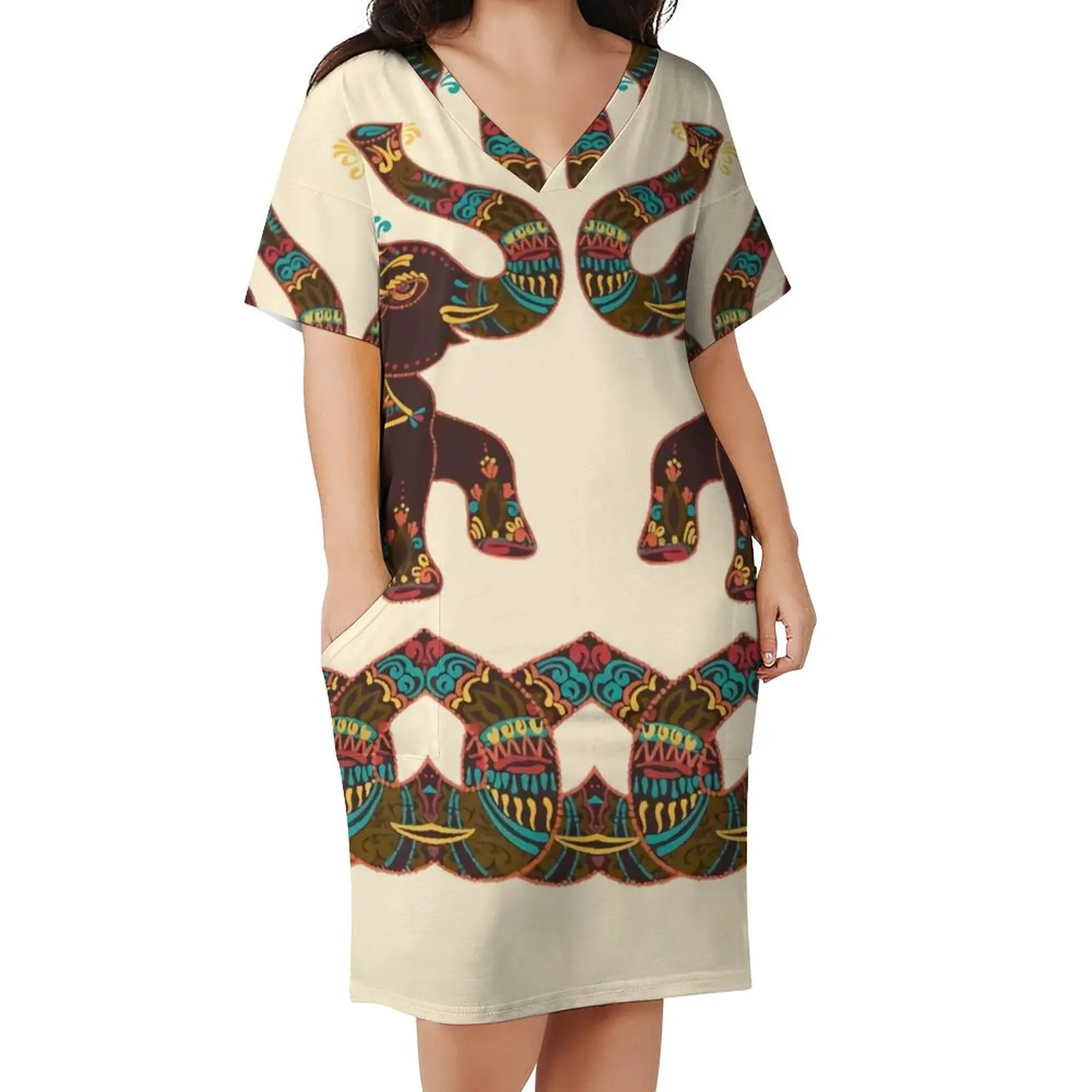 

Indian Elephant Art Dress V Neck Colorful Floral Print Modern Dresses Lady Street Fashion Stylish Casual Dress Plus Size 3XL 4XL