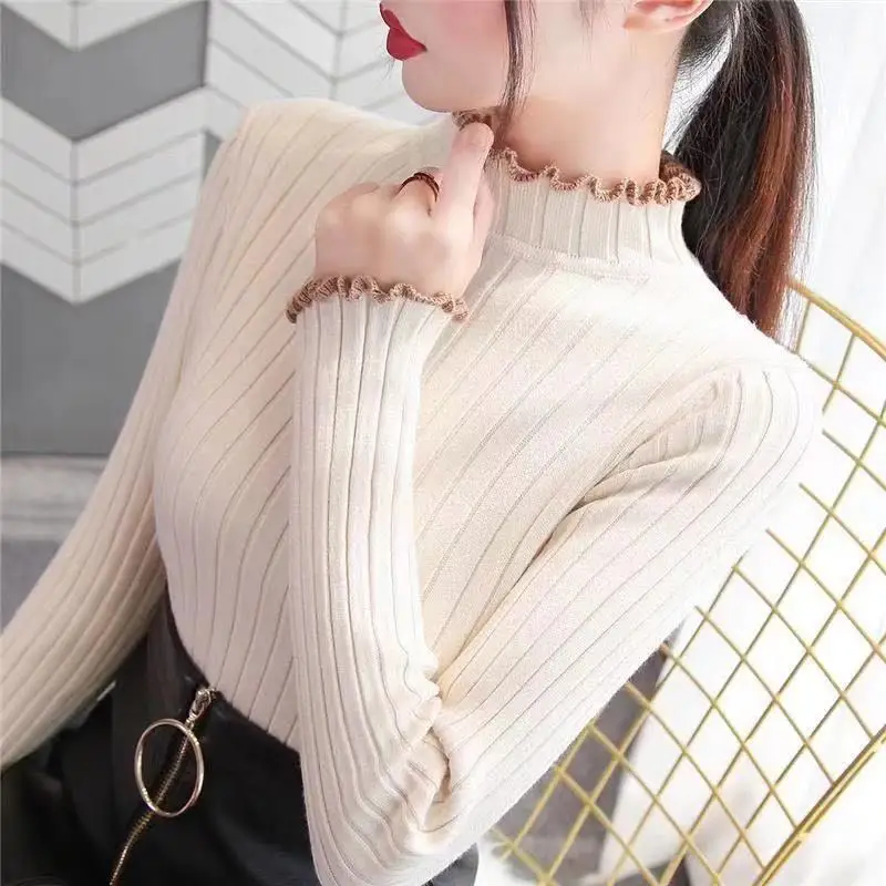 

New Autumn Winter Women's High Neck Sweater Knitted Pullover Slim Fitting Knitting Base Coat Warm Korean Fashion Thin Tops