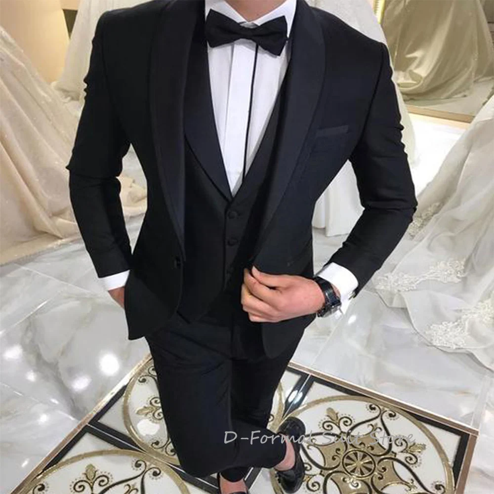 Mens Suits Slit 3 Piece Black Shawl Lapel Casual Tuxedos For Wedding Groomsmen Slim Fit Single-Breasted (Blazer+Vest+Pant)