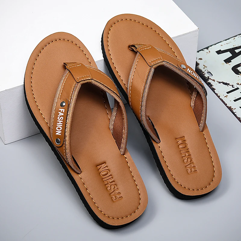 

Fashion Leather Sandals Mens 2022 Trend Outdoor Slippers Summer Anti-slippery Casual Flip Flops Beach Male Men 39 S Sandals 44