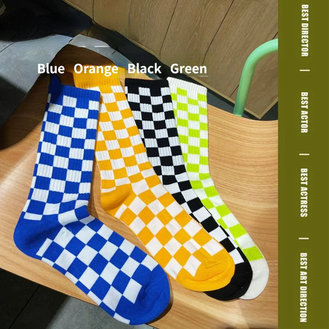 Checkerboard Socks Spring, Autumn and Winter Colored Mid-tube Socks Men's and Women's INS Sports Stockings