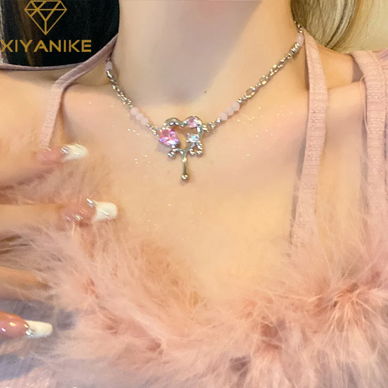 

XIYANIKE Pink Zircon Hollow Heart Pendant Necklace For Women Girl Clavicle Choker New Fashion Jewelry Gift Party collier femme