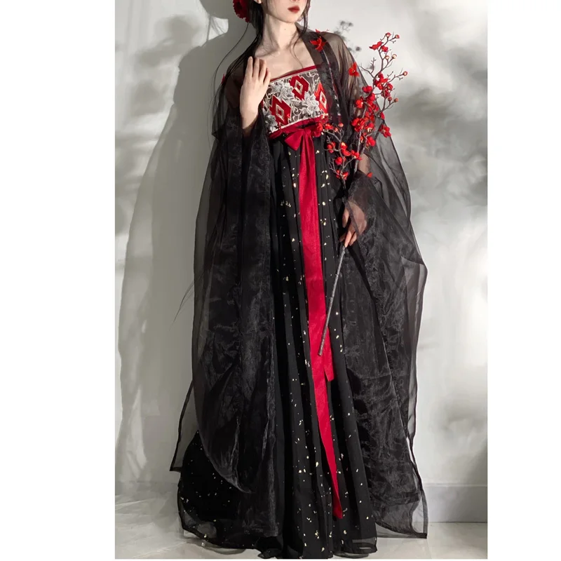 

Pre-sale LiuTingJu Original Hanfu Dresses 4PCS Women Elegant Chiffon Bronzing Hanfu Dress Black Lace Butterfly Decorative Robe