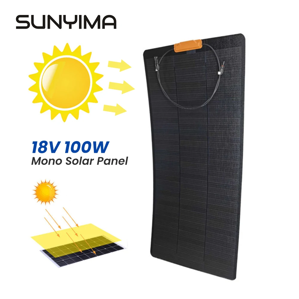 

SUNYIMA 18V Flexible Solar Panel 100W Portable ETFE Monocrystalline Panels Solar Board for RV Electric Car Camping Yacht