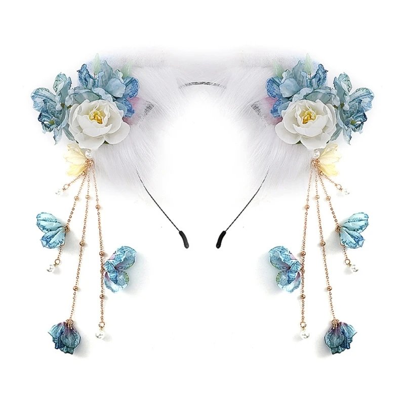 

Chinese Style Kitten Ears Shape Headband with Flower Carnivals Hair Hoop Makeup Spring Cosplay Party Headpiece