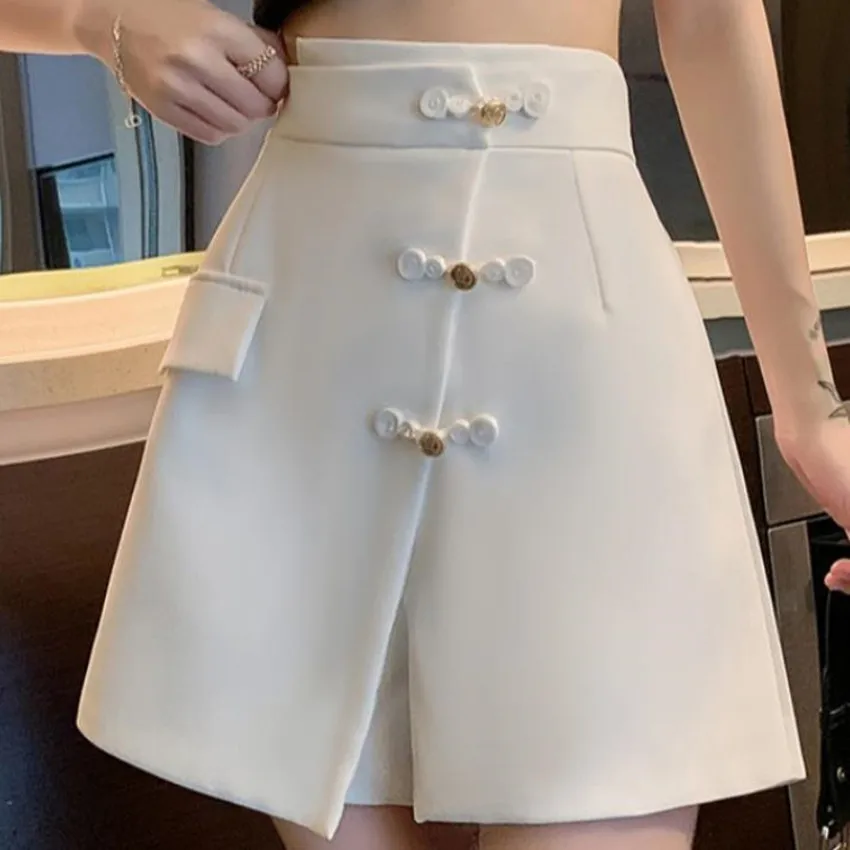 2023 Summer Retro Button Shorts Women High Waist Wide Leg