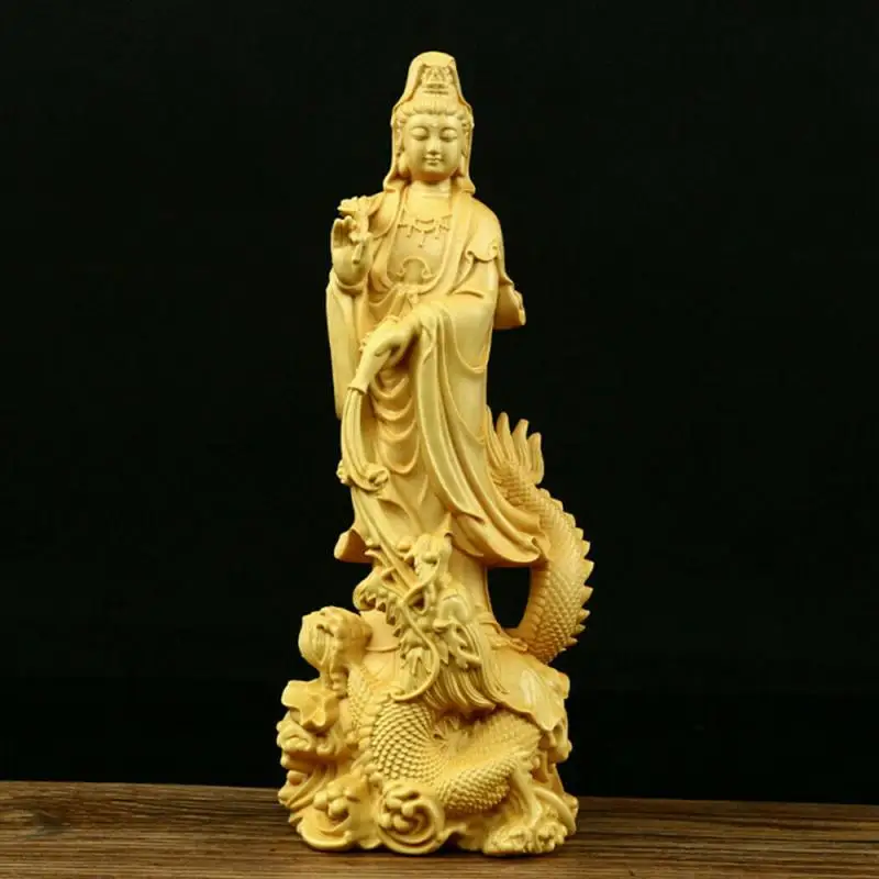 

6.7" Boxwood Wood Carved Kwan Yin Statue Buddhism Amulet Decor Figurines Craft
