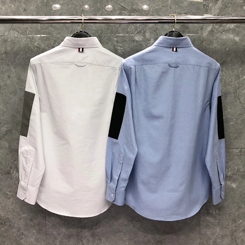 TB Mens Casual Shirt New Shirts Men Turn Down Collar Slim Patch Long Sleeve Striped Casual Shirt Oxford Solid Men's Clothing