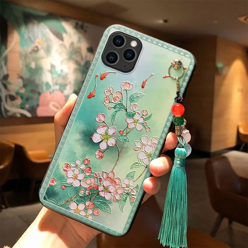 

3D тисненый чехол для телефона iPhone 11 12 13 Pro MAX Mini X XS MAX XR 8 7 6 s Plus, мягкий чехол для телефона с полной защитой объектива, чехол с кисточкой
