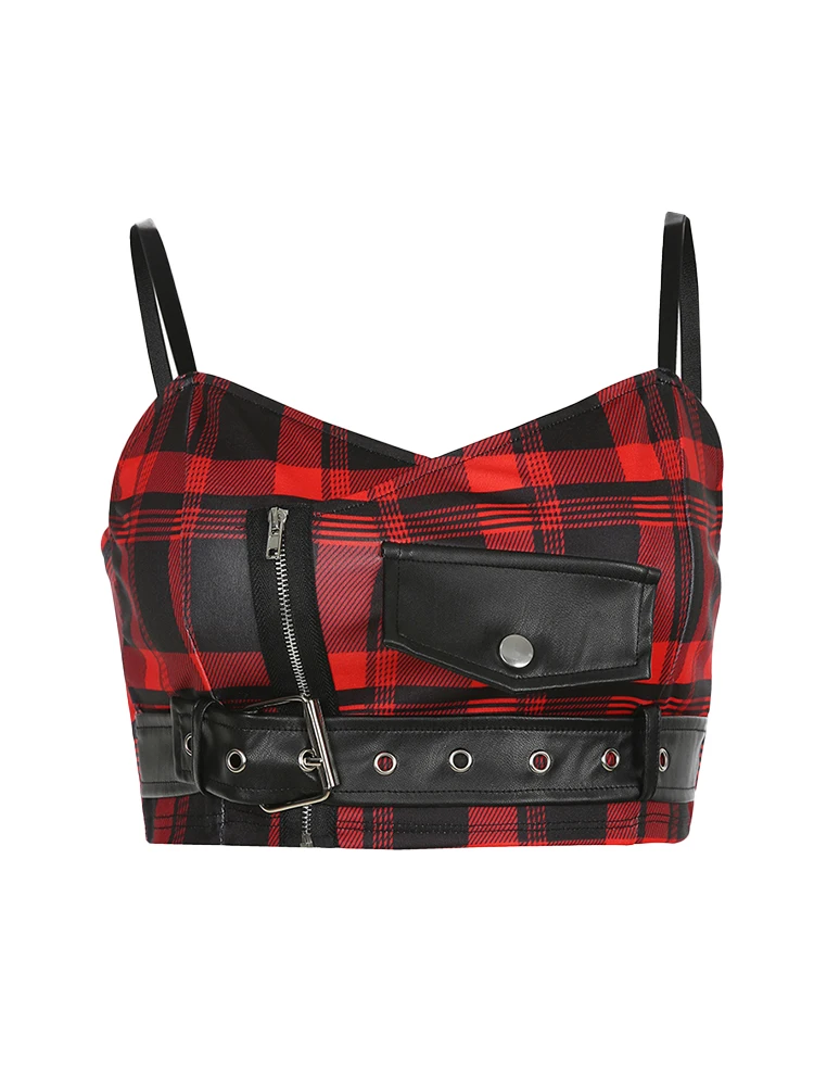 

Женский клетчатый клубный Топ в стиле Харадзюку, короткий топ с лямкой на шее, уличная одежда в стиле кибер, лето 2000