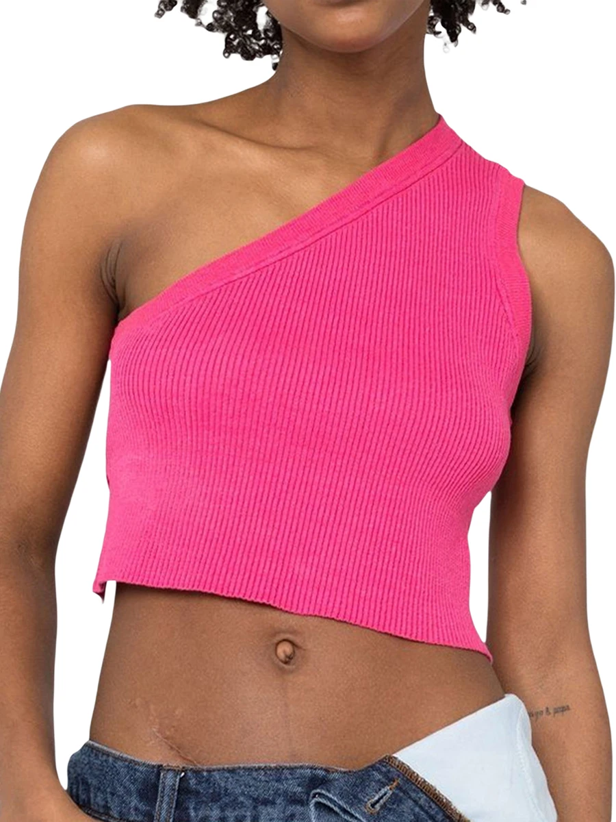 

Womens Summer One Shoulder Rib Knitted Crop Tops Sexy Backless Vest Tops Sleeveless Solid Color Tank Tops Streetwear
