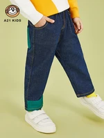 a21 childrens jeans straight elastic boy casual loose wide leg pants stitching contrast color spring and autumn denim trousers