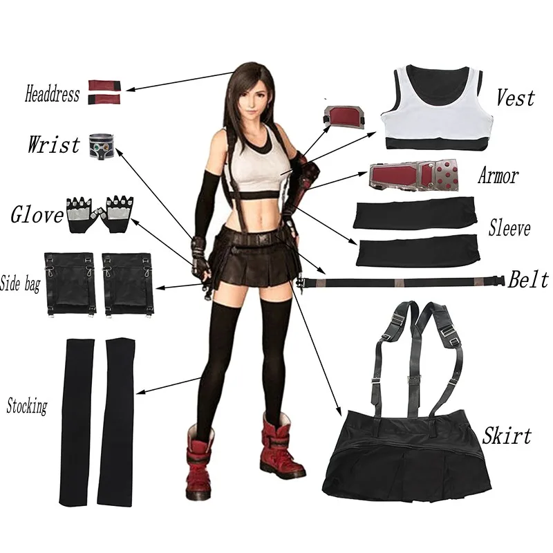 

FF VII Tifa Cosplay Costume FF7 Remake Game Cosplay Costume Halloween Sexy Overalls Skirt Gloves Stokings