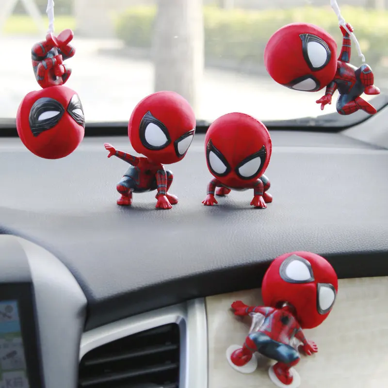 

Spiderman Figure Q Version Shaking His Head Doll Squatting Climbing Hanging Rope Cartoon Doll Hand-Made Car Ornament Toy Gift