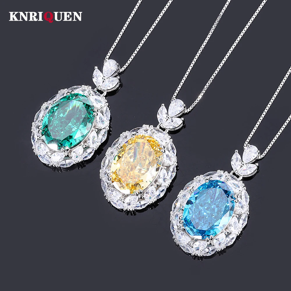 

100% 925 Real Silver 13*18mm Topaz Aquamarine Green Tourmaline Pendant Necklace for Women Big Gemstone Party Fine Jewelry Gift