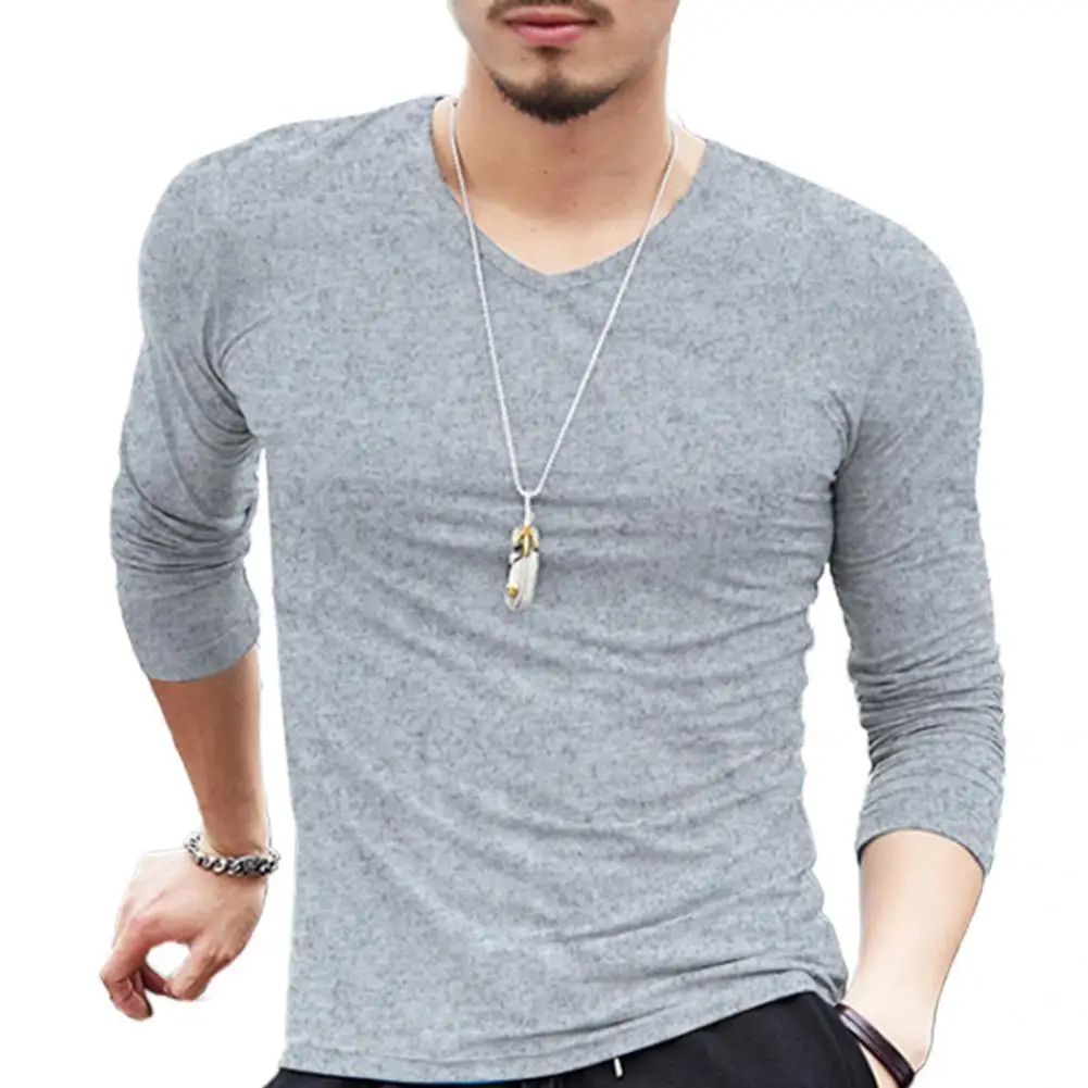 

Long Sleeve Slim and Fit Men T-shirt Shrink-resistant Solid Color V Neck Bottoming Shirt Pullover Top