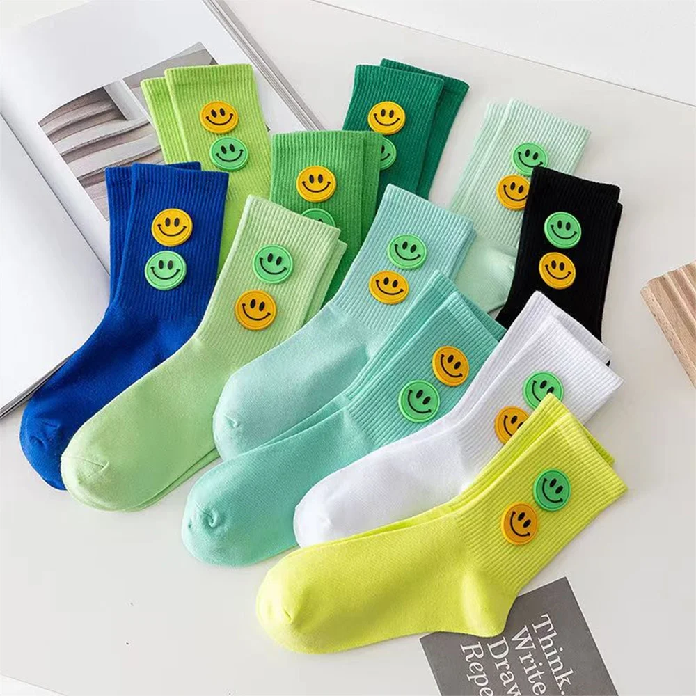 Spring and summer new round smiling face socks lovely sports college style fluorescent medium tube cotton socks women's gift