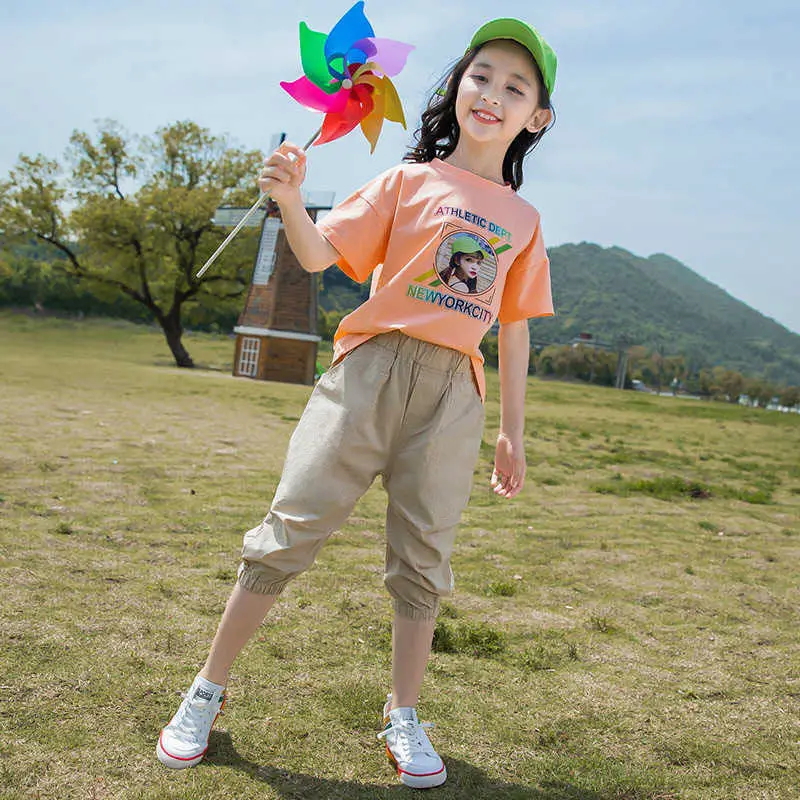 Baby Girl Summer Clothing Set 2 PCS Children Casual Print Suit Cotton Thin T-shirt + Overalls Suit Western Style Campus Sports