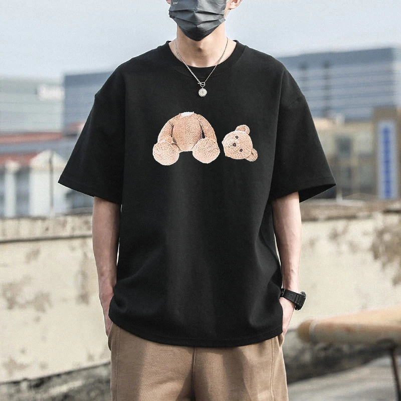 

2023 Summer Most New Style Angels Cartoon Little Bear T-Shirt Fashion Casual Round Neck Pure Cotton Men's Comfortable Healthy Te