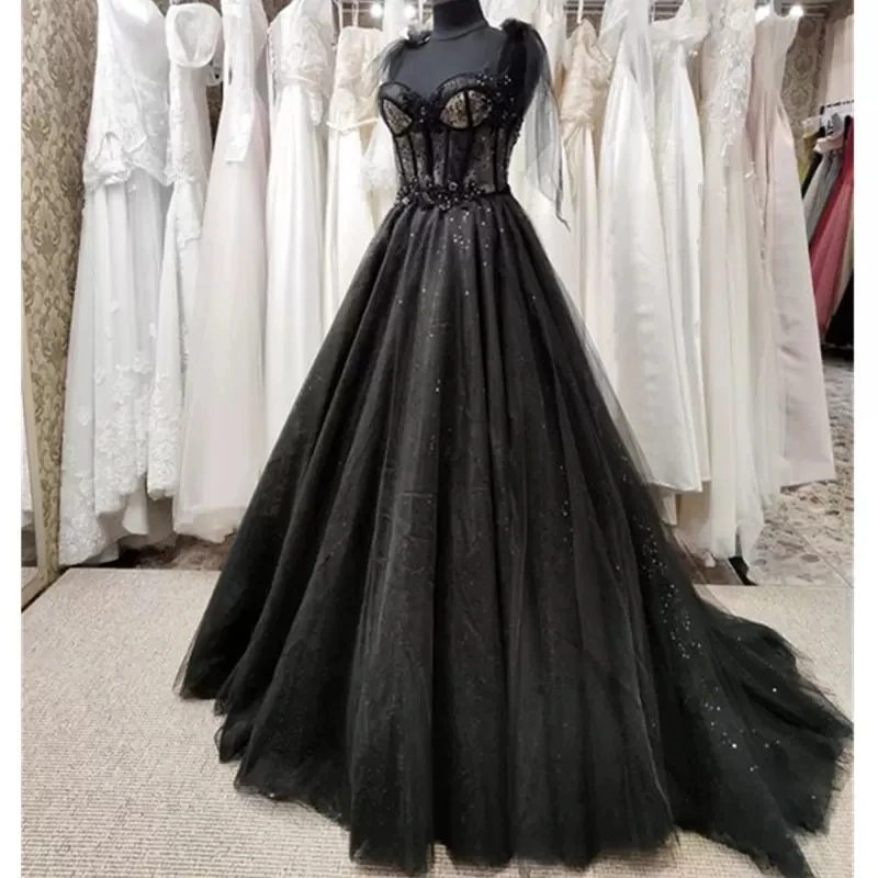 

Gothic Black A-Line Wedding Dresses Corset Sweetheart Neckline Glitter Sequined Bride Wear Open Back Long Vestido De Novia