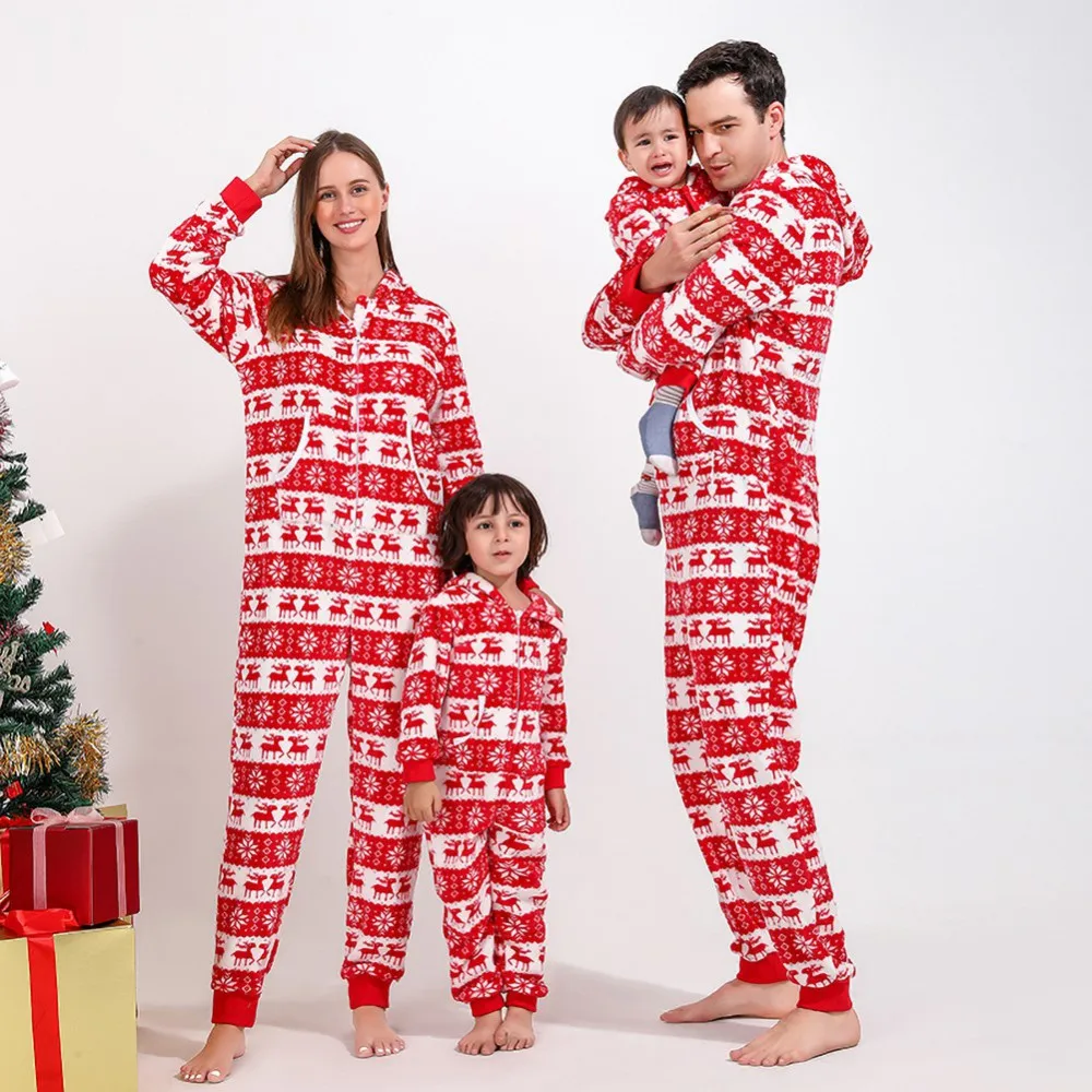 

Комбинезон с капюшоном и рождественским принтом для родителей и детей, домашняя одежда, повседневная Пижама на осень и зиму, семейные одина...