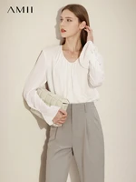 amii minimalism spring women blouse fashion u neck flare sleeve chiffon shirts office lady blouses vintage female tops 12240061