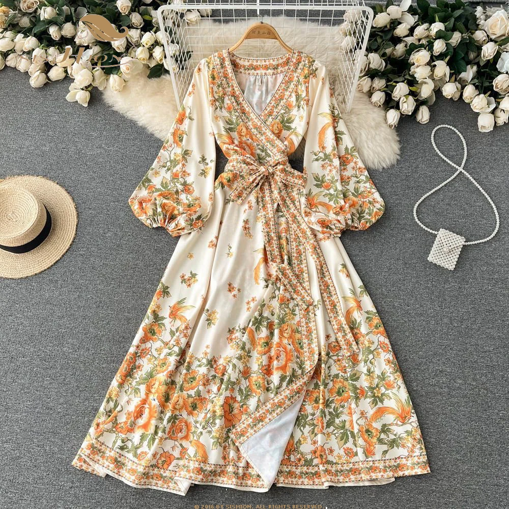 Романтическое желтое длинное платье с цветочным принтом и поясом, в этническом стиле, женское винтажное элегантное платье с пышными рукавами, модель SR401