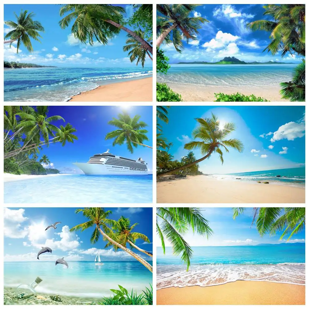 Fondos fotográficos de palmeras tropicales, decoración de fiesta de playa, mar, barco de crucero personalizado, estudio de vacaciones de verano, fotomatón
