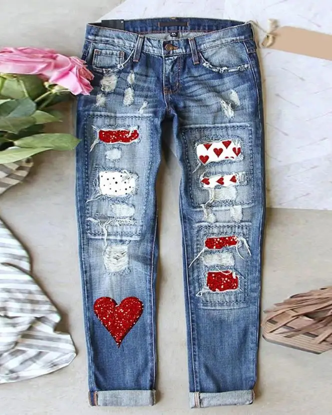 

Women Valentine's Day Heart Pattern Ripped Jeans Femme Plain High Waist Denim Pants Lady Sexy Trousers Casual Streetwear