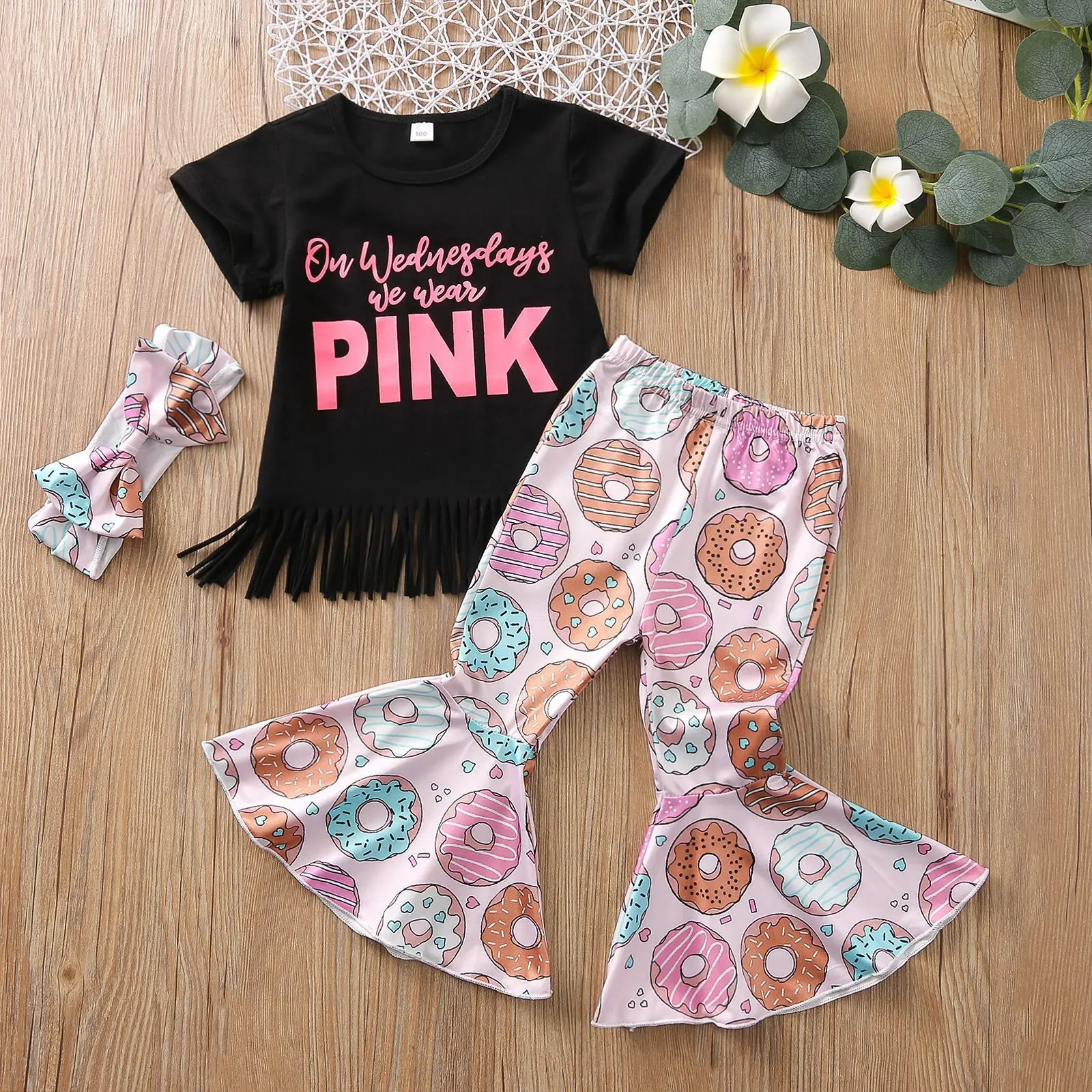 

Infant Baby Girls Outfit Set 2022 New Girls' Summer Pullover T-pants Trumpet Pants Girls Tassel Black Short Sleeve Suit