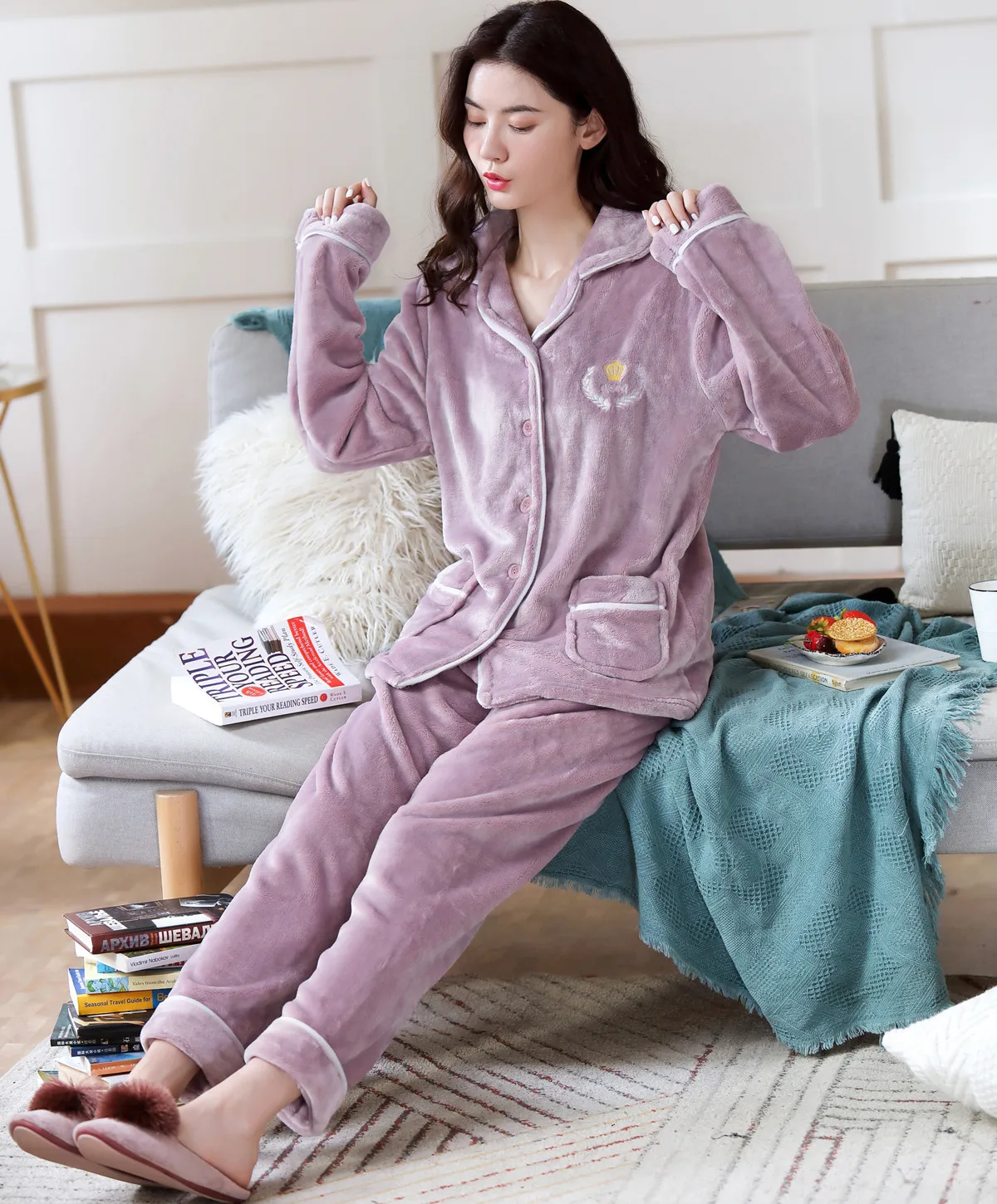 Womens Flannel Purple Pajamas Pyjamas Sets Long Sleeve Sleepwear Pijama Pajamas Suit Female Sleep Two Piece Set Loungewear