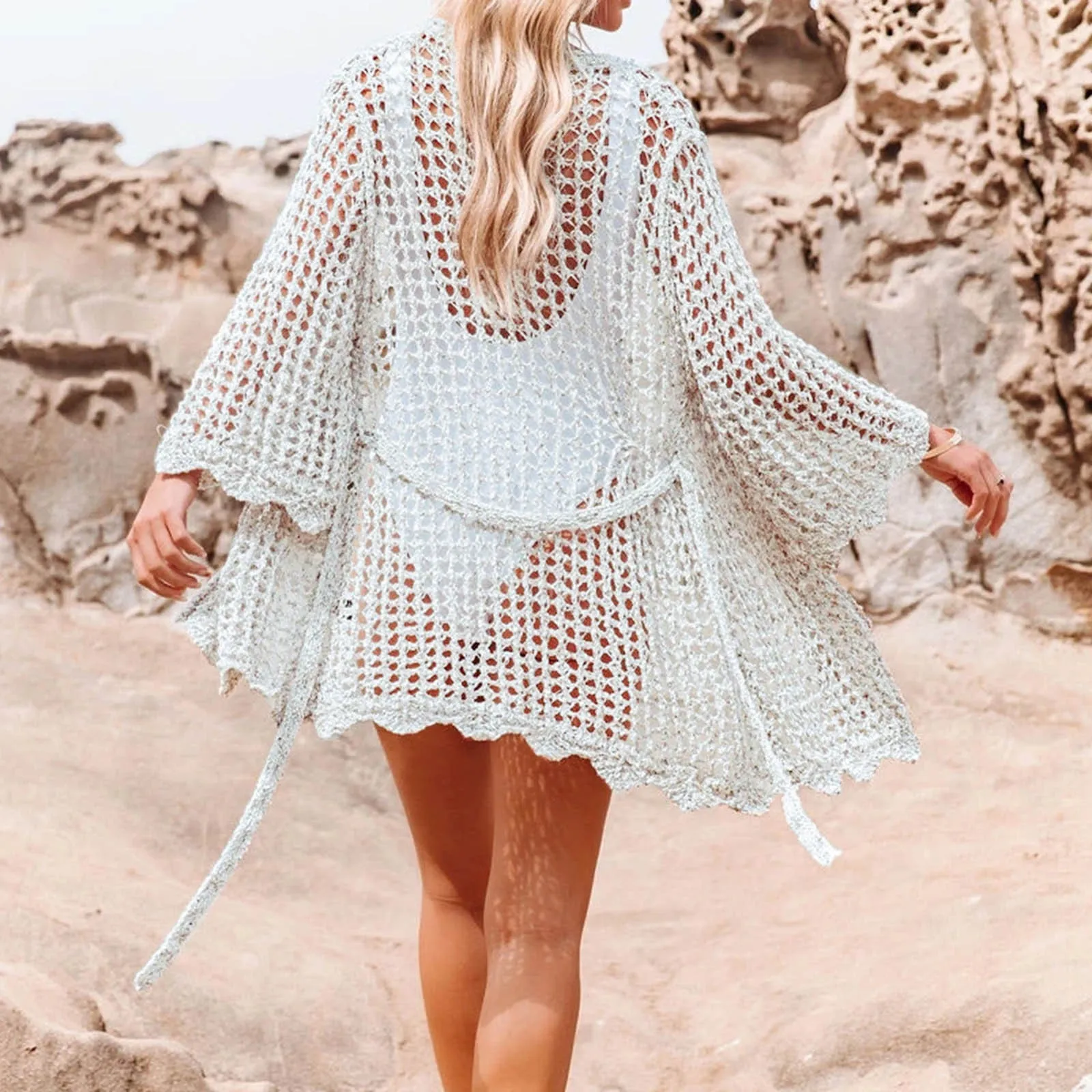 

2022 Crochet White Knitted Beach Cover Up Dress Tunic Long Pareos Bikinis Cover Ups Swim Cover Up Robe Plage Beachwear
