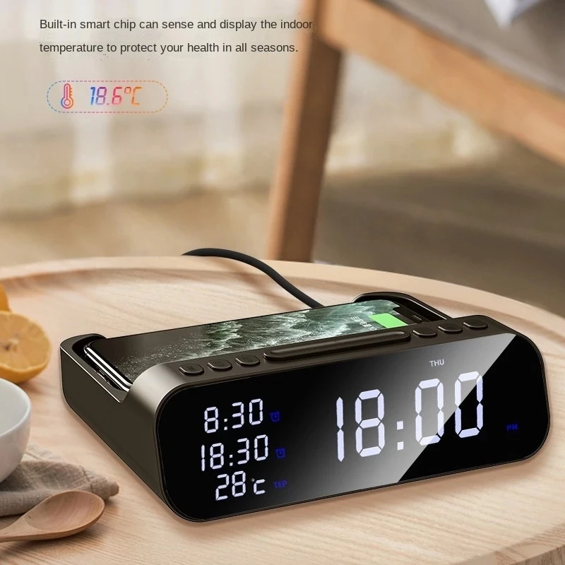 

Wireless Charger Alarm Clock LED Smart Digital Clock Table Electronic Desktop Clocks With Temperature USB 15W Fast Charge Type-C