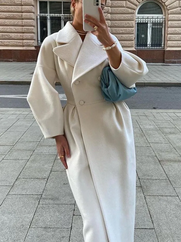 

Lantern Sleeve Women Woolen Blend Coat Autumn Lapel Double-Breasted Office Lady Long Jackets Windbreaker Streetwear Female Coats