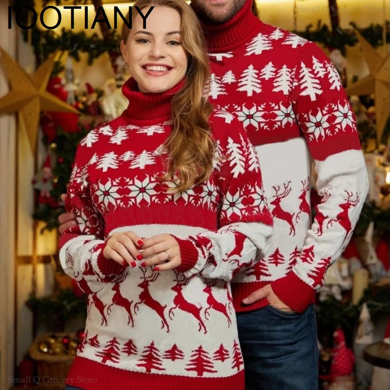 

2023 Christmas Couples Matching Outfits Women Men Warm Soft Sweaters Turtleneck Knitwear Thicken Jacquard Jumpers Pullover Tops